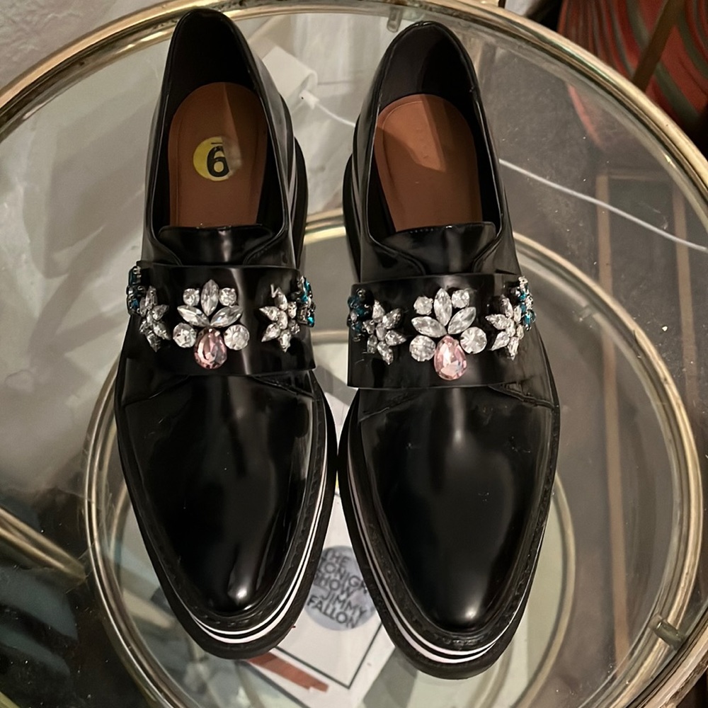 Zara Black Patent Leather Flats with Floral Embellishments